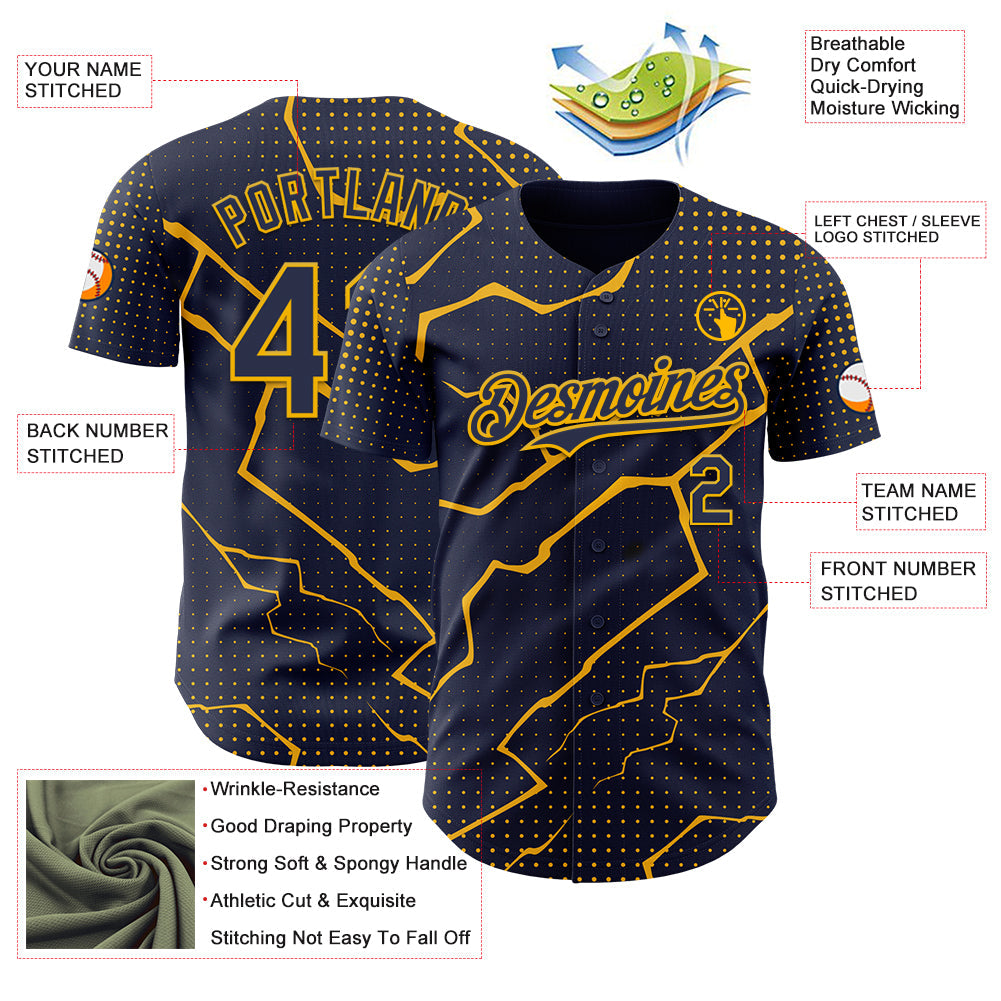 Custom Navy Gold 3D Pattern Design Lightning Polka Dot Authentic Baseball Jersey