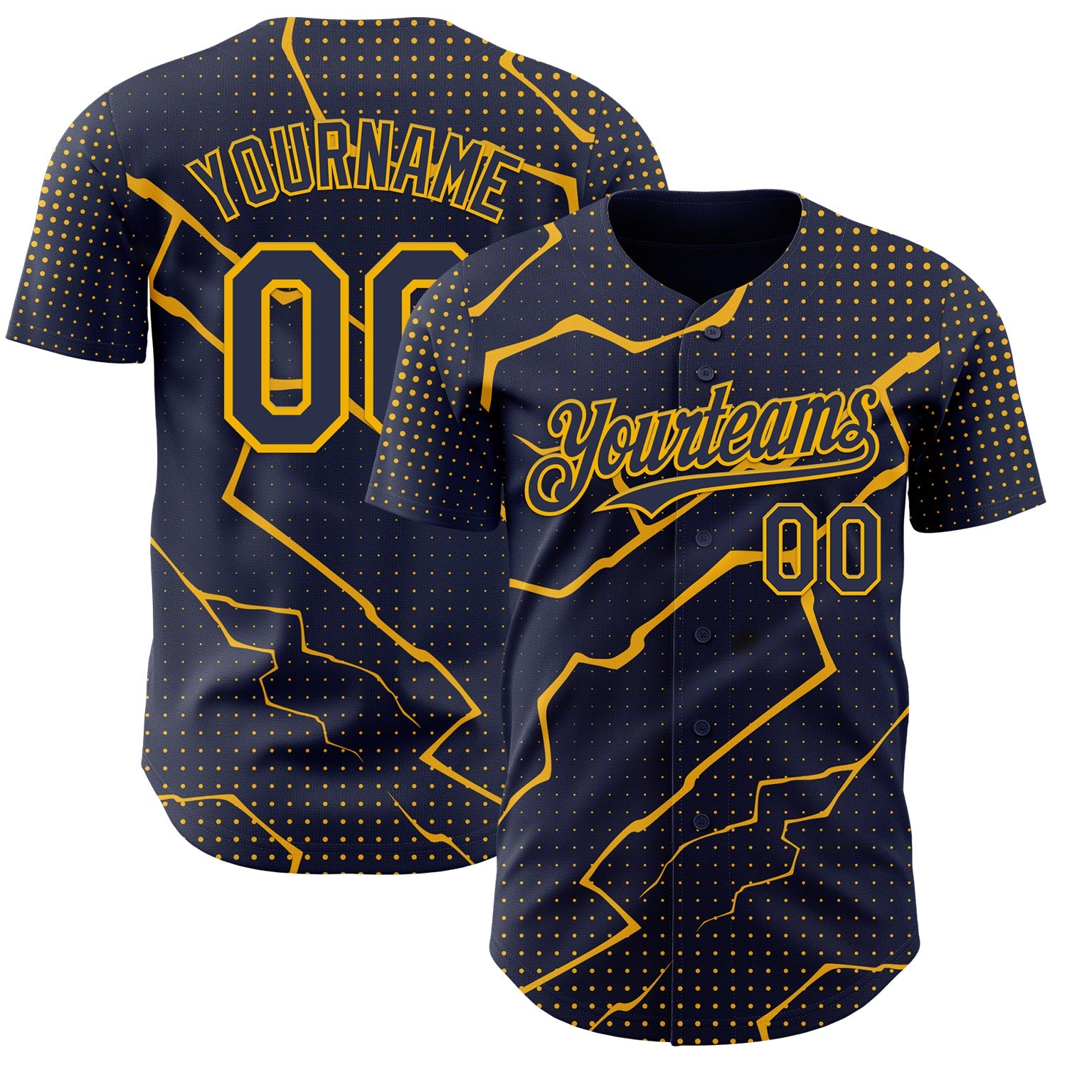 Custom Navy Gold 3D Pattern Design Lightning Polka Dot Authentic Baseball Jersey