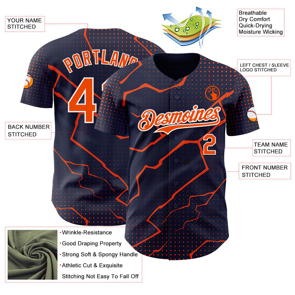 Custom Navy Orange-White 3D Pattern Design Lightning Polka Dot Authentic Baseball Jersey