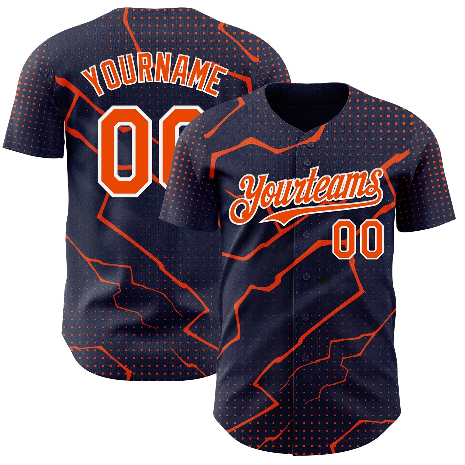 Custom Navy Orange-White 3D Pattern Design Lightning Polka Dot Authentic Baseball Jersey