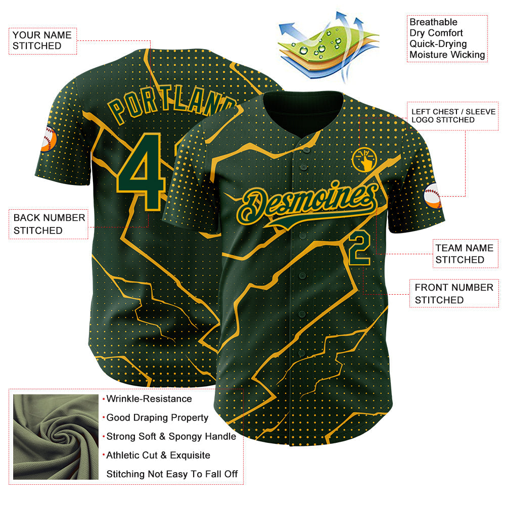 Custom Green Gold 3D Pattern Design Lightning Polka Dot Authentic Baseball Jersey