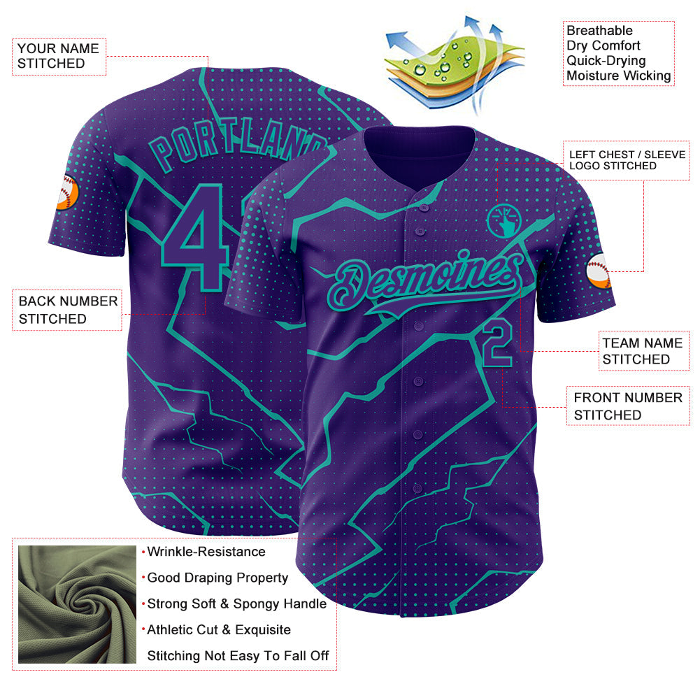 Custom Purple Aqua 3D Pattern Design Lightning Polka Dot Authentic Baseball Jersey