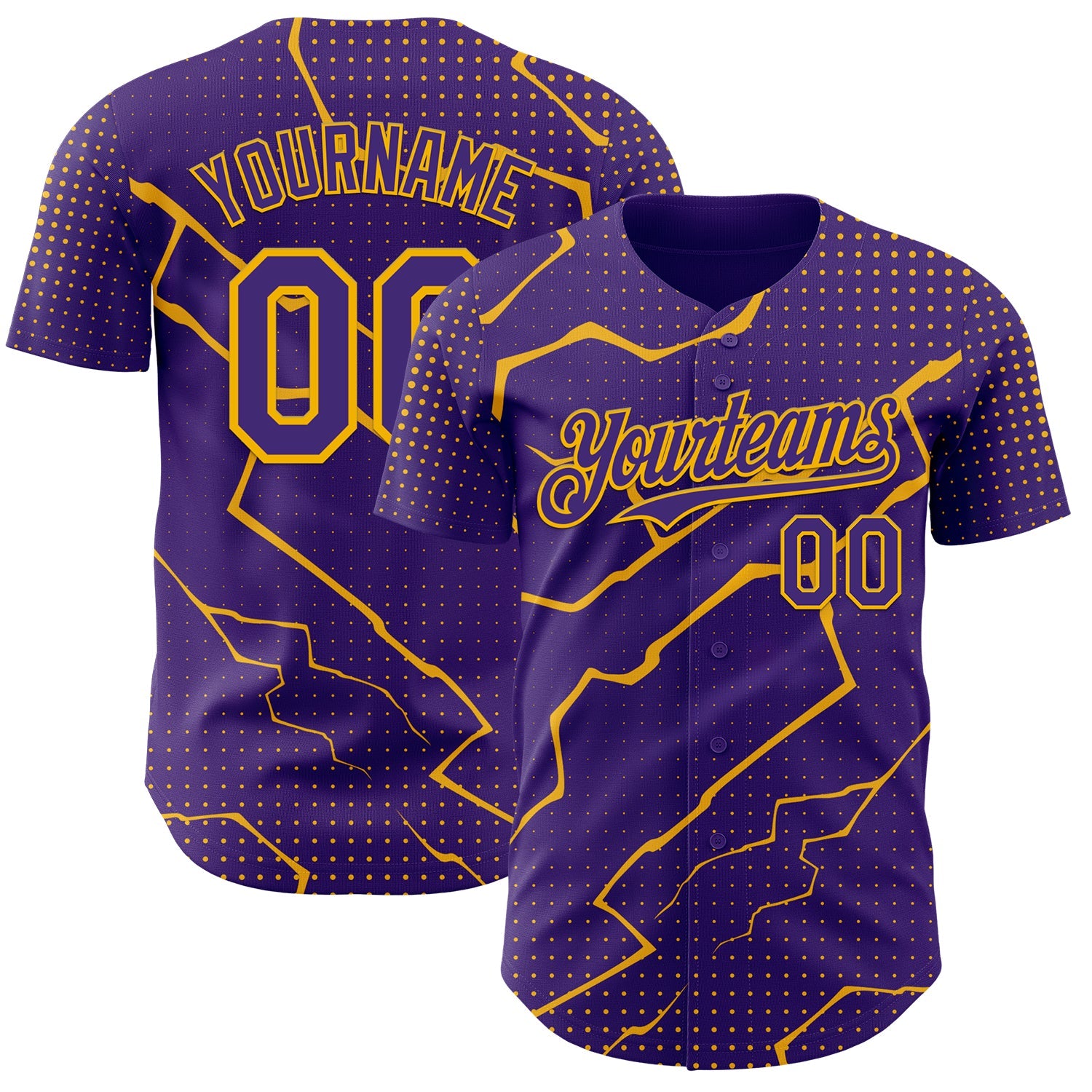 Custom Purple Gold 3D Pattern Design Lightning Polka Dot Authentic Baseball Jersey