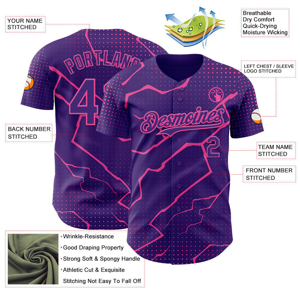Custom Purple Pink 3D Pattern Design Lightning Polka Dot Authentic Baseball Jersey