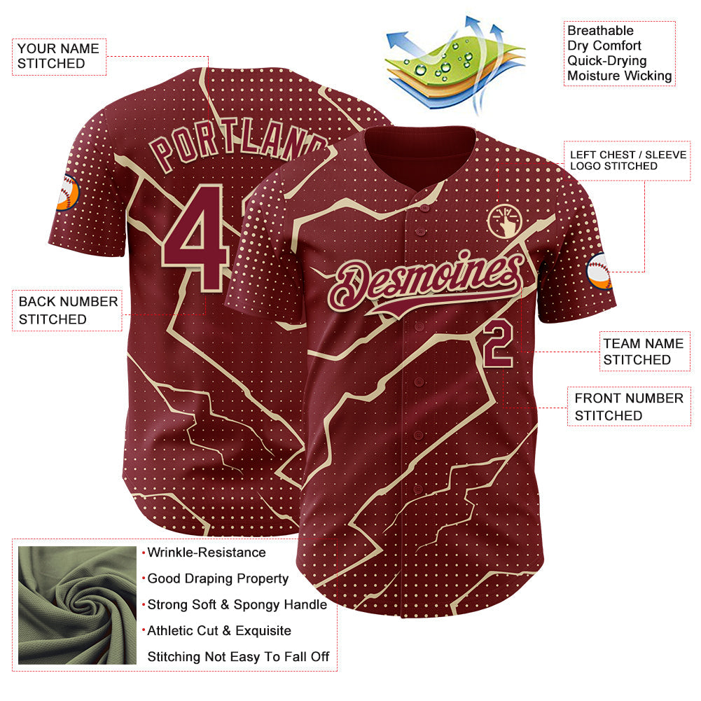 Custom Crimson Cream 3D Pattern Design Lightning Polka Dot Authentic Baseball Jersey
