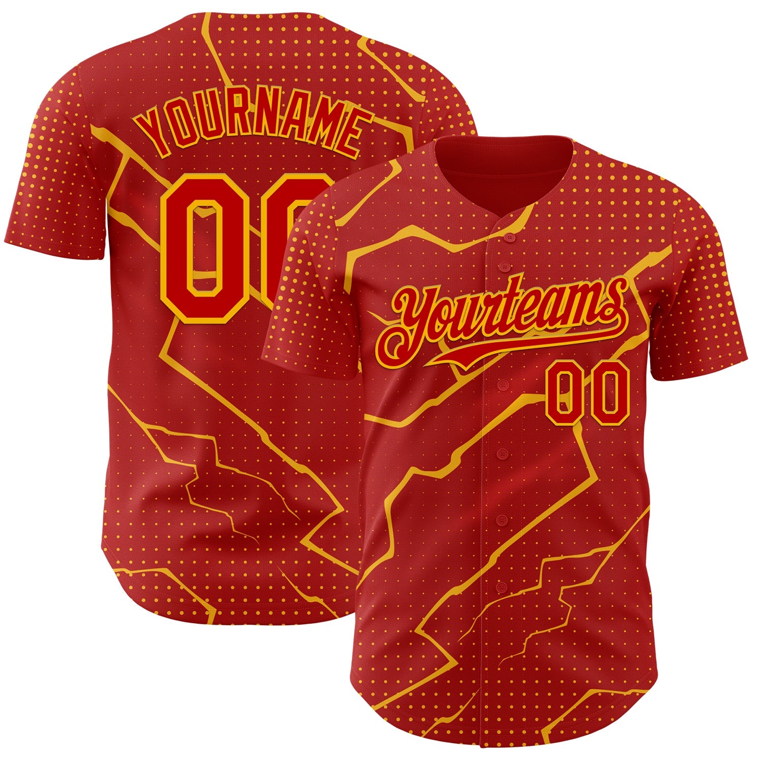 Custom Red Gold 3D Pattern Design Lightning Polka Dot Authentic Baseball Jersey