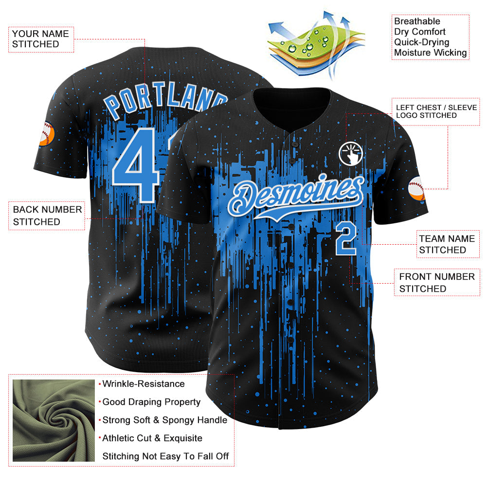 Custom Black Powder Blue-White 3D Pattern Design Dripping Splatter Paint Authentic Baseball Jersey