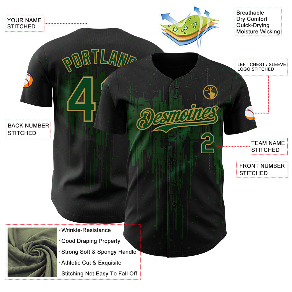 Custom Black Green-Old Gold 3D Pattern Design Dripping Splatter Paint Authentic Baseball Jersey