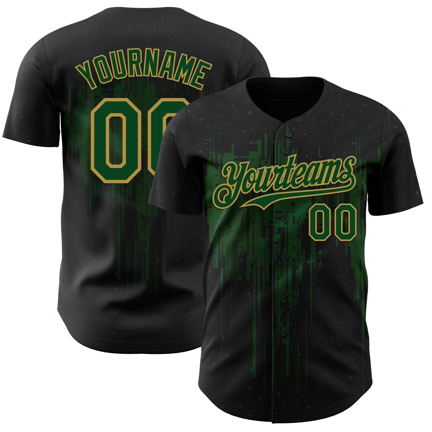 Custom Black Green-Old Gold 3D Pattern Design Dripping Splatter Paint Authentic Baseball Jersey