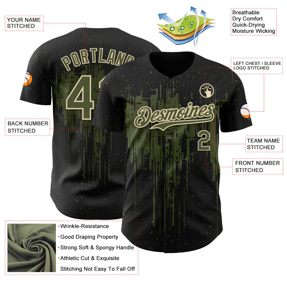 Custom Black Olive-Cream 3D Pattern Design Dripping Splatter Paint Authentic Baseball Jersey