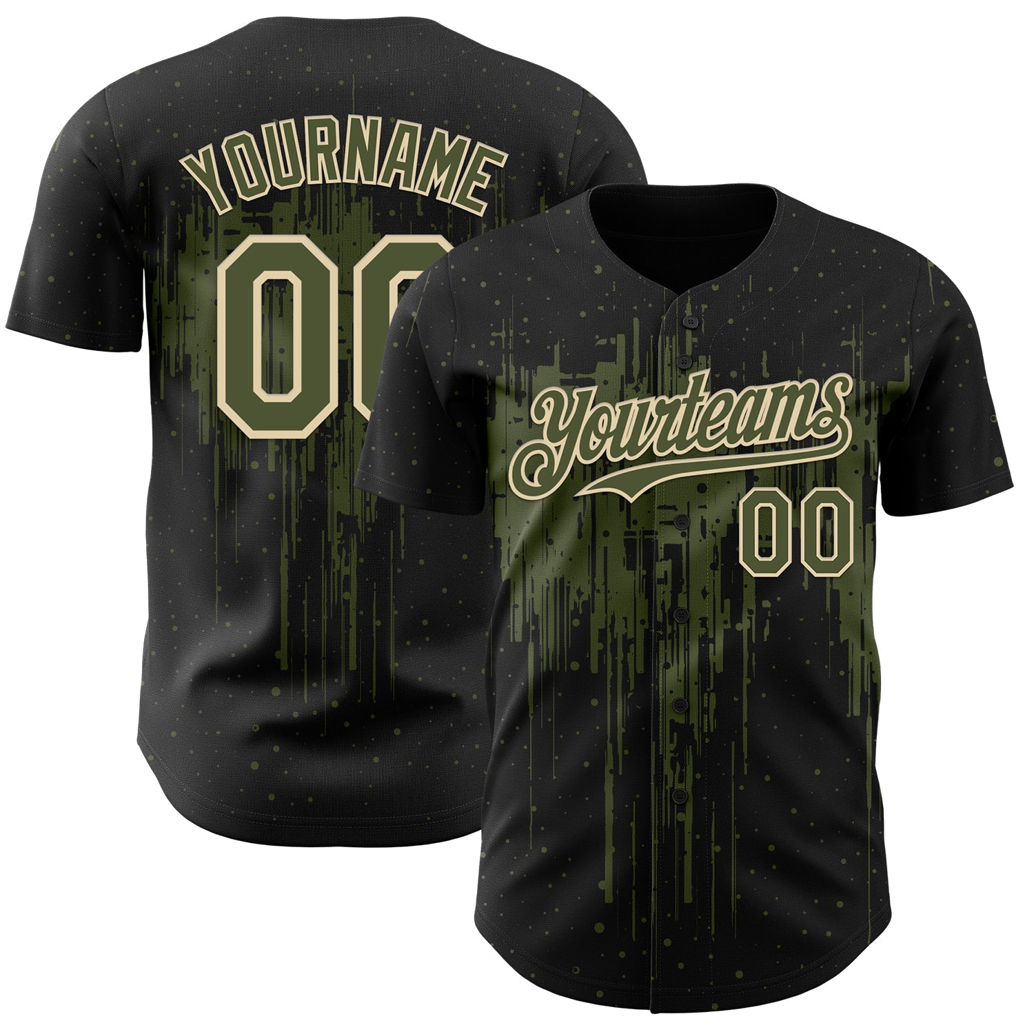 Custom Black Olive-Cream 3D Pattern Design Dripping Splatter Paint Authentic Baseball Jersey