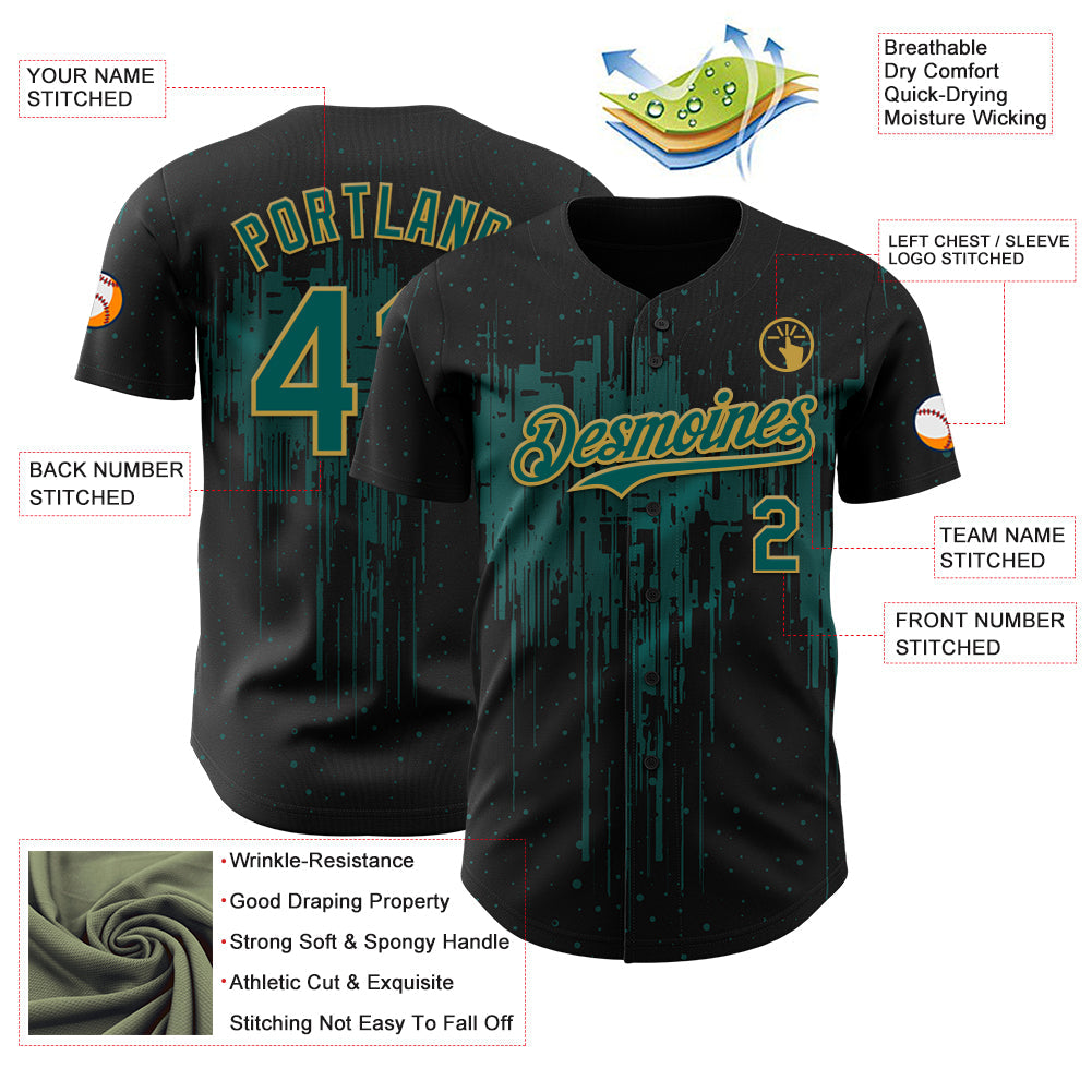 Custom Black Midnight Green-Old Gold 3D Pattern Design Dripping Splatter Paint Authentic Baseball Jersey