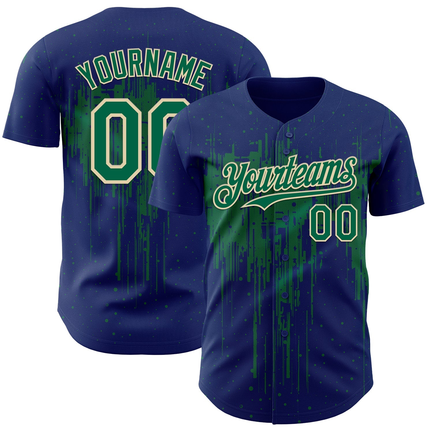 Custom Royal Kelly Green-Cream 3D Pattern Design Dripping Splatter Paint Authentic Baseball Jersey