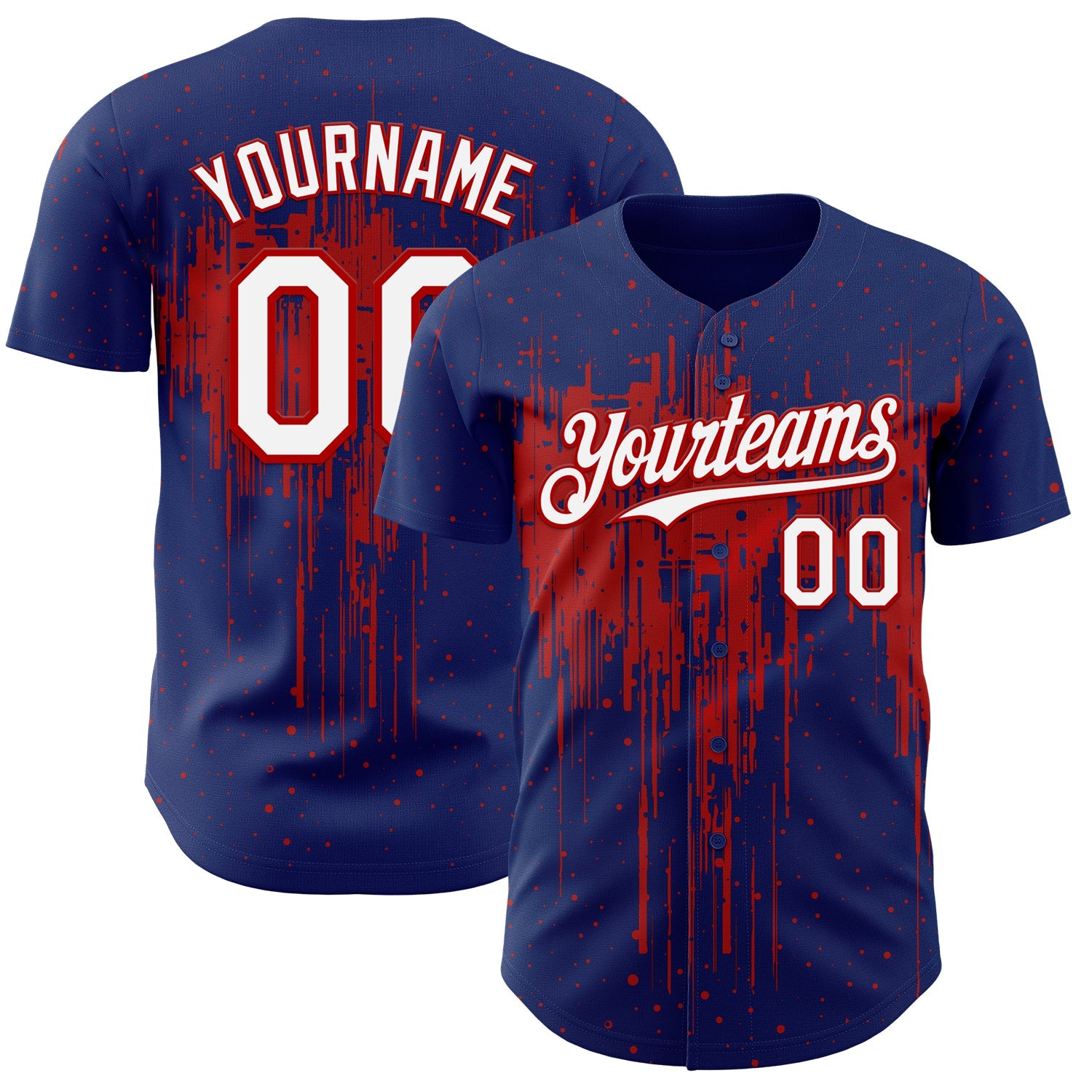 Custom Royal White-Red 3D Pattern Design Dripping Splatter Paint Authentic Baseball Jersey