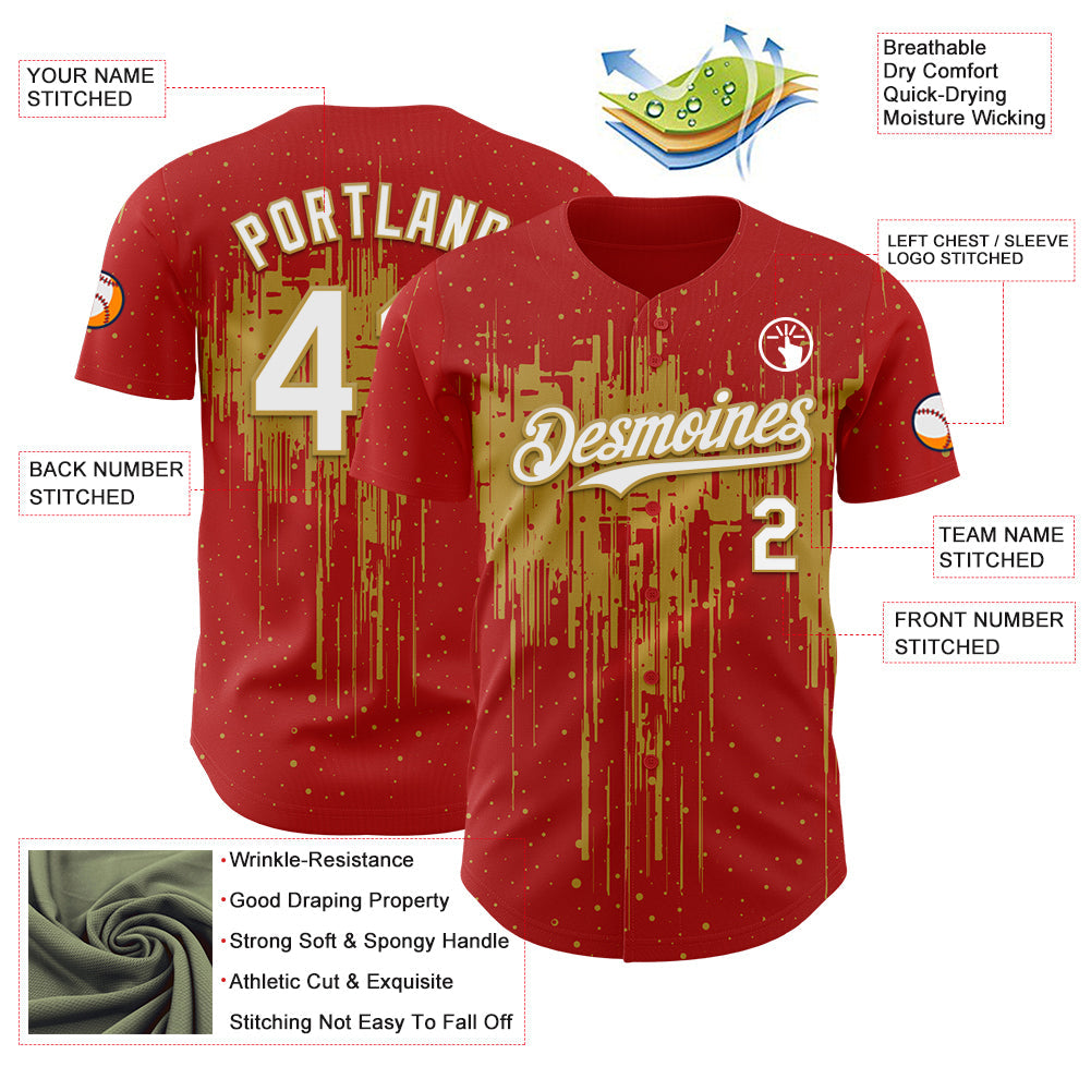 Custom Red White-Old Gold 3D Pattern Design Dripping Splatter Paint Authentic Baseball Jersey