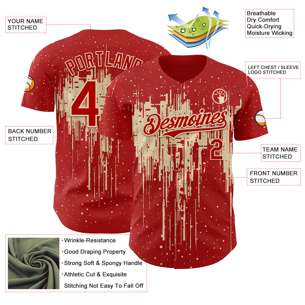 Custom Red Cream 3D Pattern Design Dripping Splatter Paint Authentic Baseball Jersey