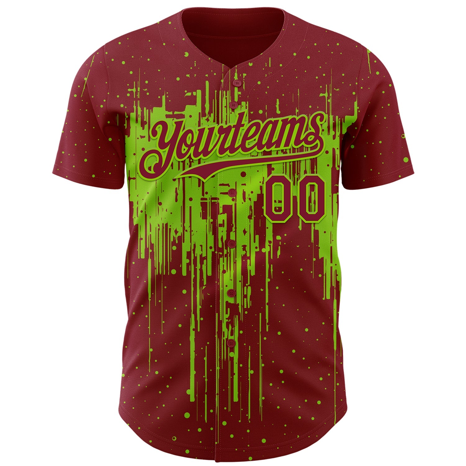 Custom Crimson Neon Green 3D Pattern Design Dripping Splatter Paint Authentic Baseball Jersey