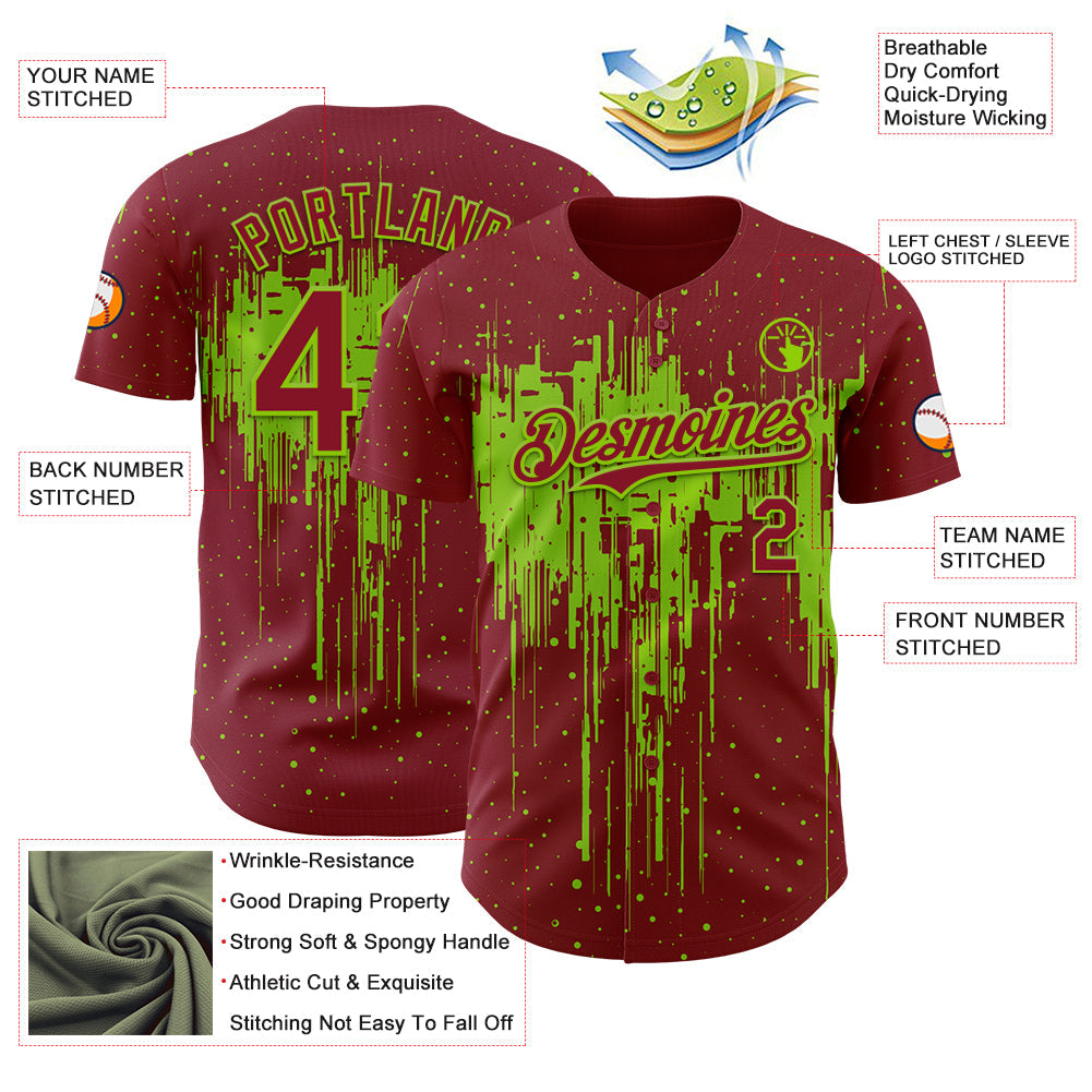 Custom Crimson Neon Green 3D Pattern Design Dripping Splatter Paint Authentic Baseball Jersey