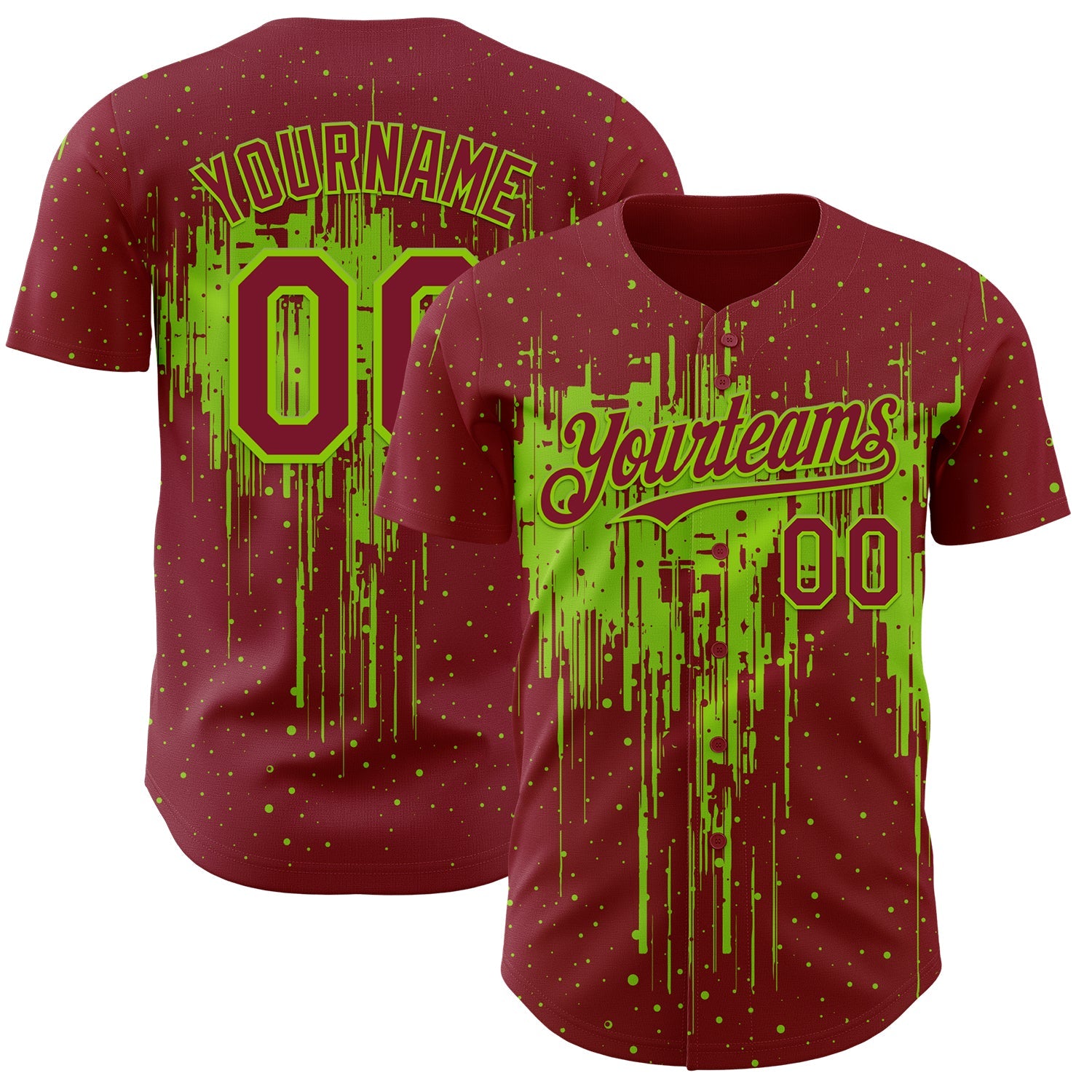 Custom Crimson Neon Green 3D Pattern Design Dripping Splatter Paint Authentic Baseball Jersey