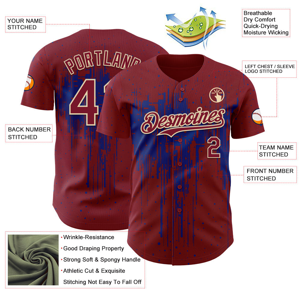 Custom Crimson Cream-Royal 3D Pattern Design Dripping Splatter Paint Authentic Baseball Jersey
