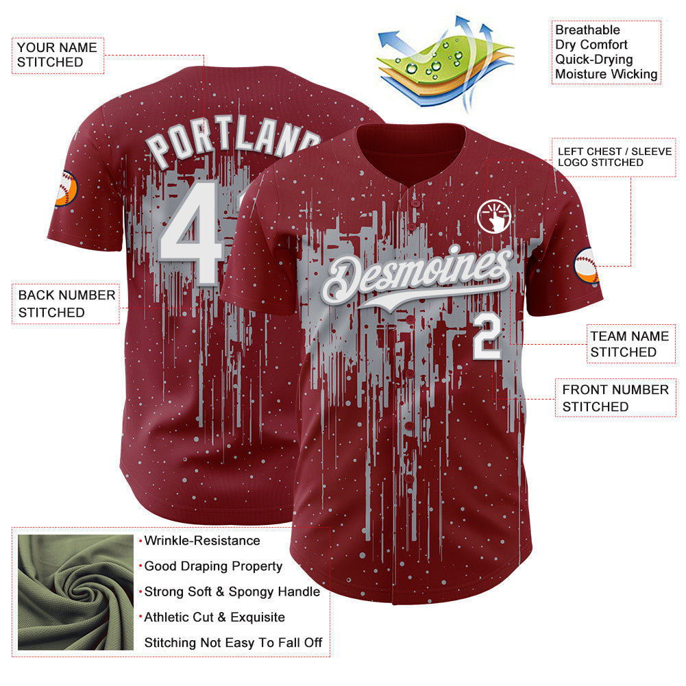 Custom Crimson White-Gray 3D Pattern Design Dripping Splatter Paint Authentic Baseball Jersey