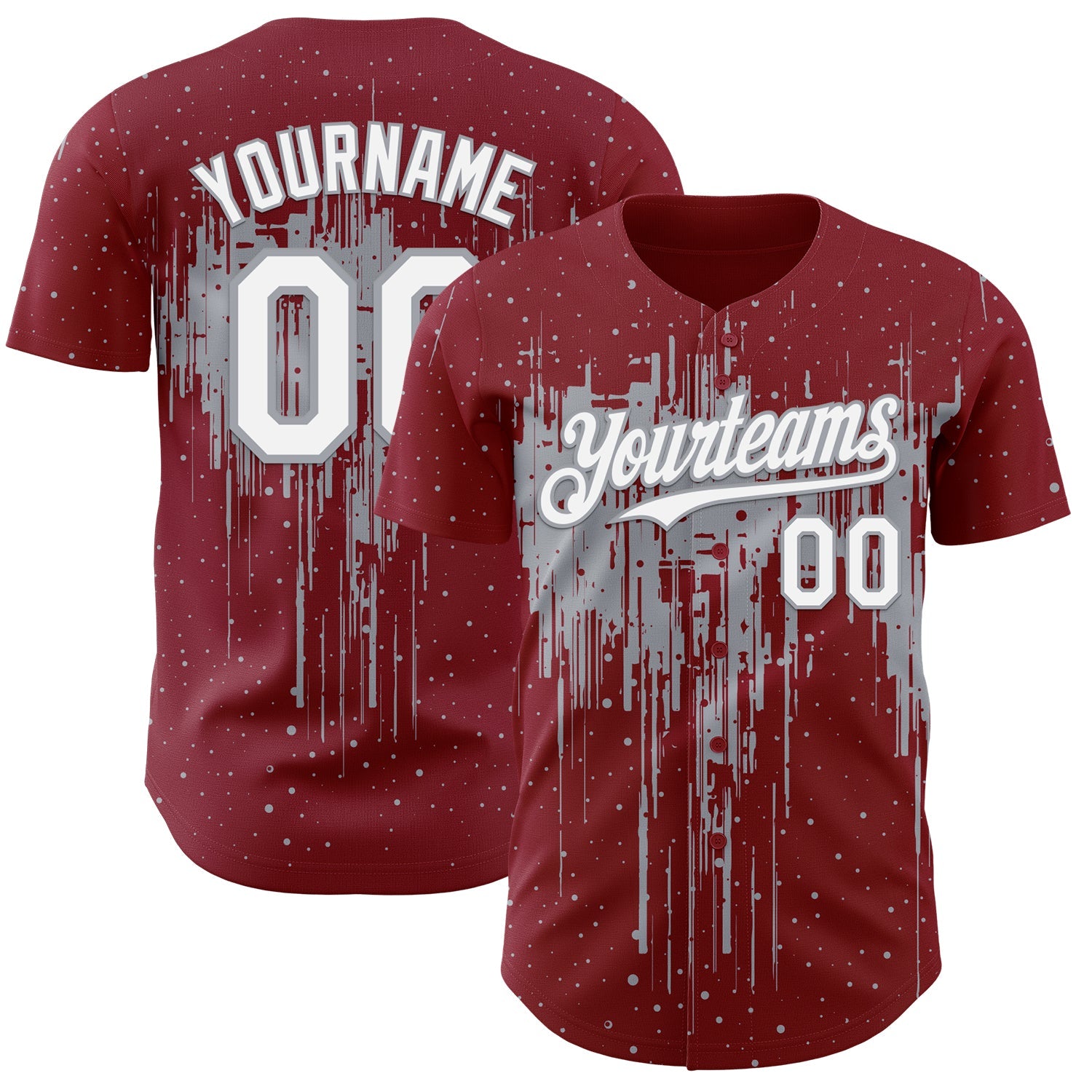 Custom Crimson White-Gray 3D Pattern Design Dripping Splatter Paint Authentic Baseball Jersey