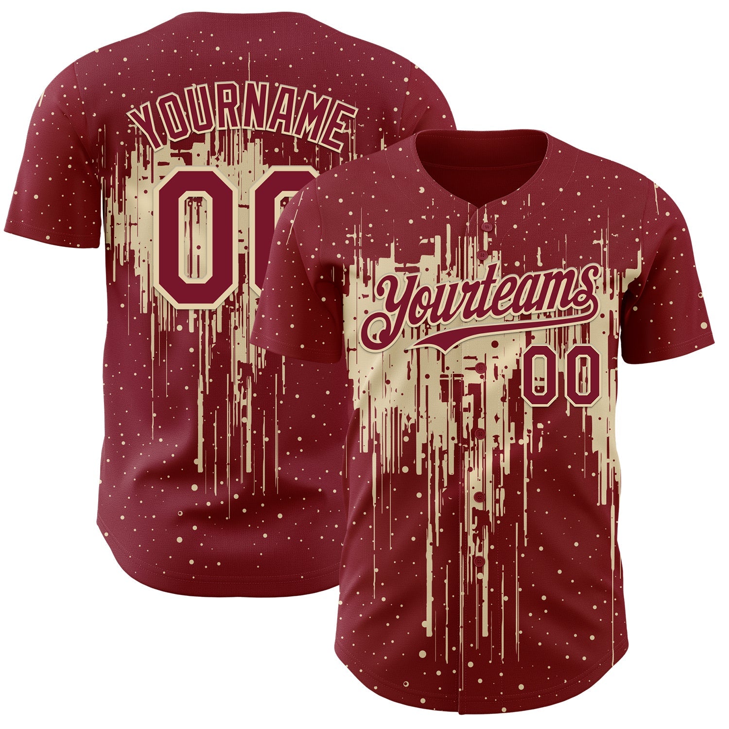Custom Crimson Cream 3D Pattern Design Dripping Splatter Paint Authentic Baseball Jersey