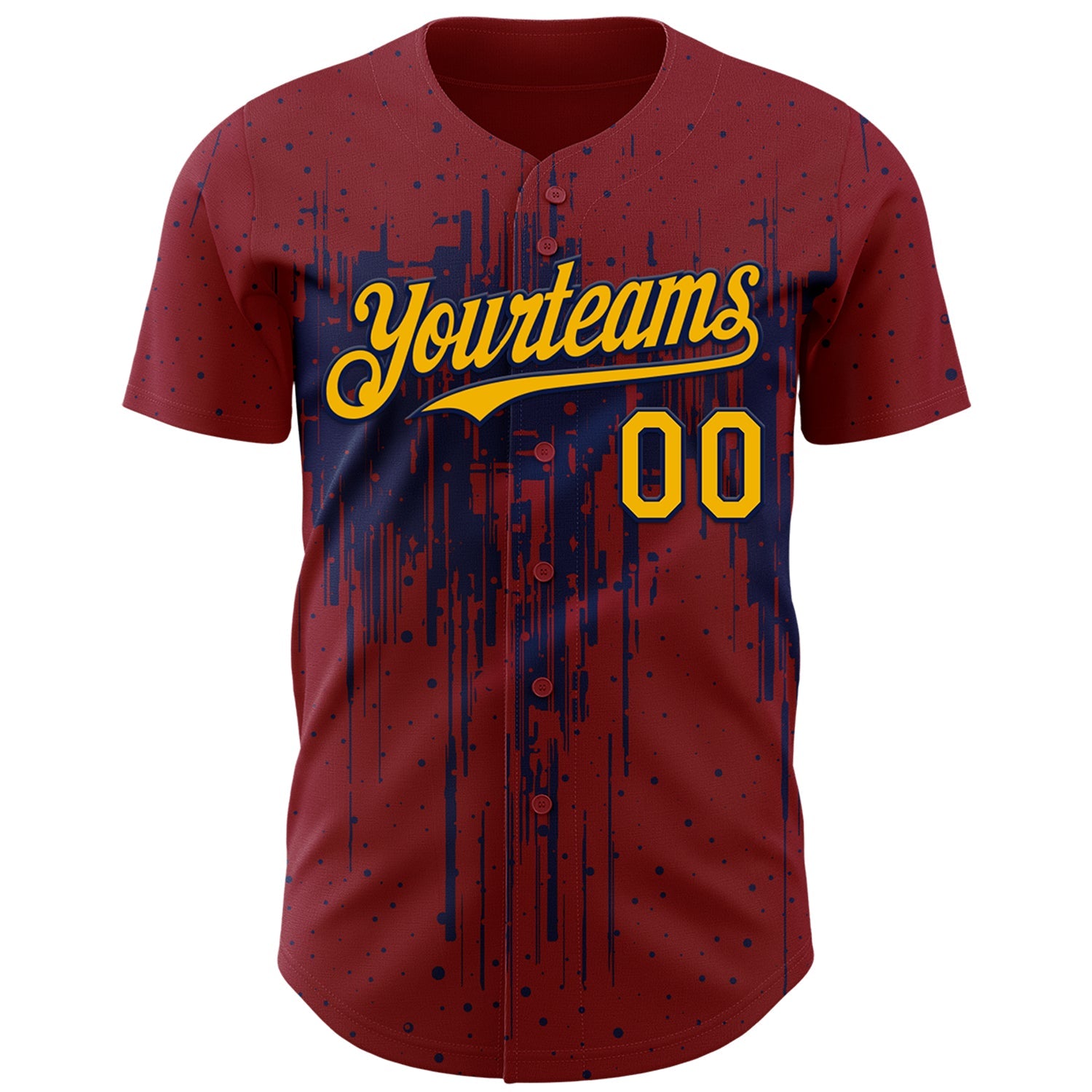 Custom Crimson Gold-Navy 3D Pattern Design Dripping Splatter Paint Authentic Baseball Jersey