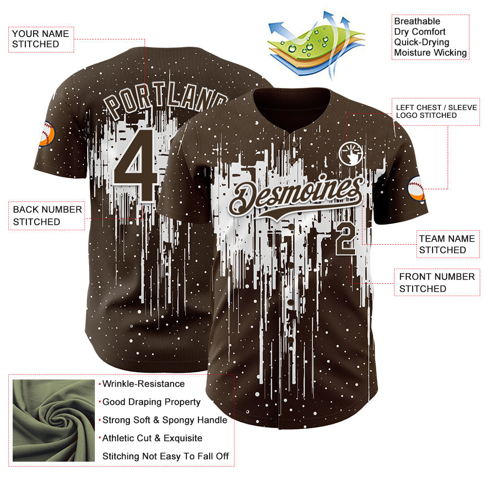 Custom Brown White 3D Pattern Design Dripping Splatter Paint Authentic Baseball Jersey