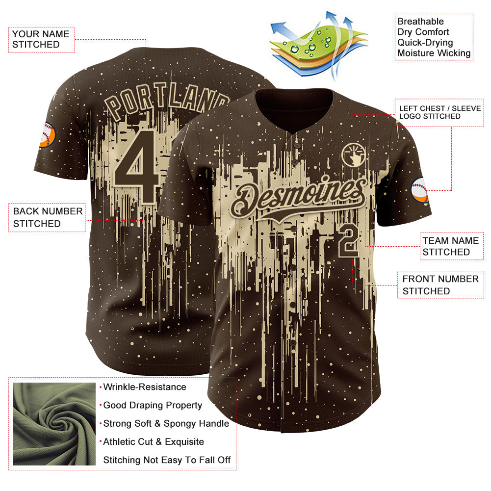 Custom Brown Cream 3D Pattern Design Dripping Splatter Paint Authentic Baseball Jersey
