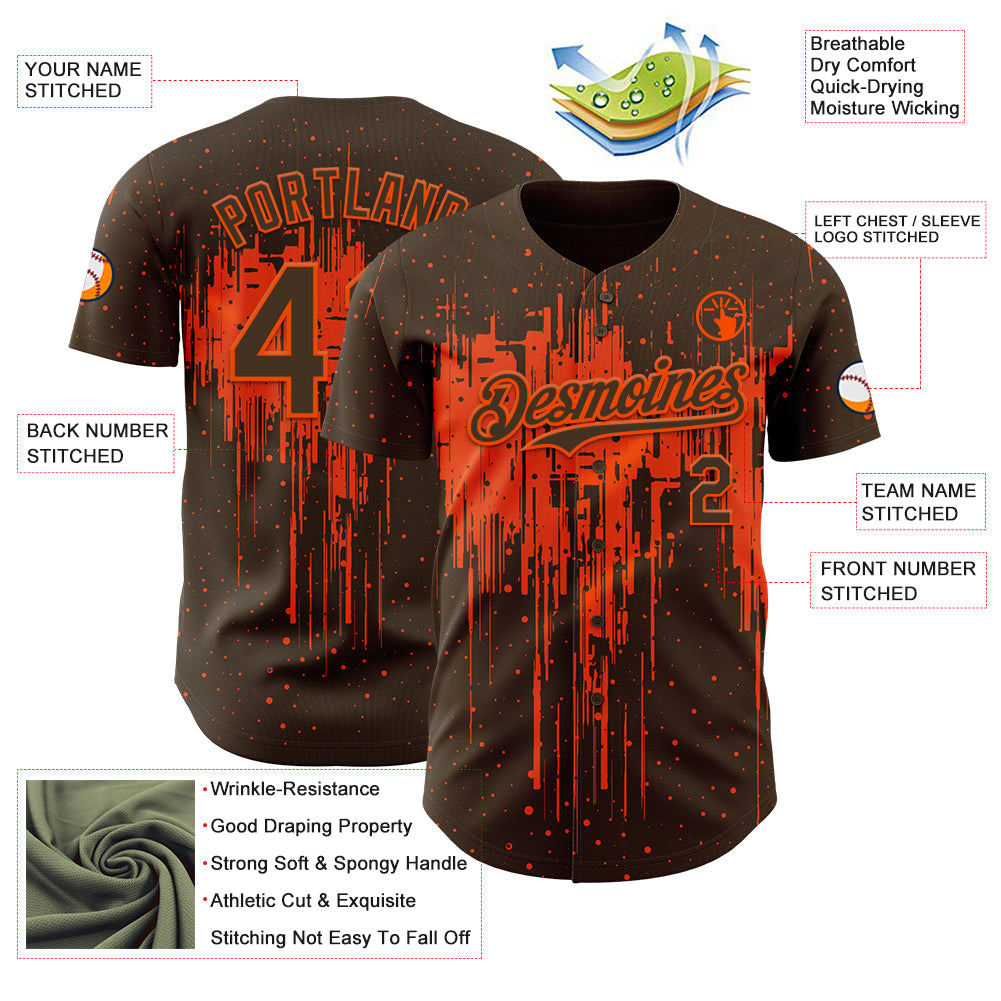 Custom Brown Orange 3D Pattern Design Dripping Splatter Paint Authentic Baseball Jersey