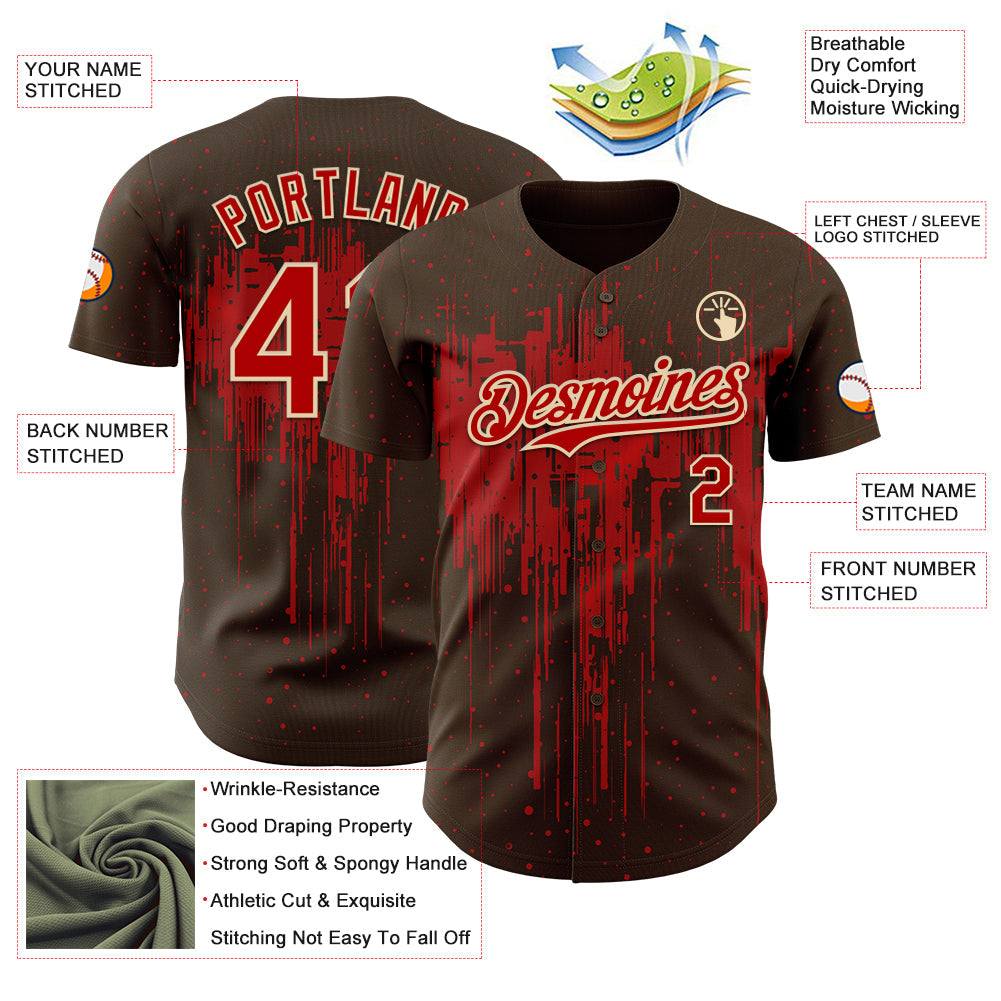 Custom Brown Red-Cream 3D Pattern Design Dripping Splatter Paint Authentic Baseball Jersey