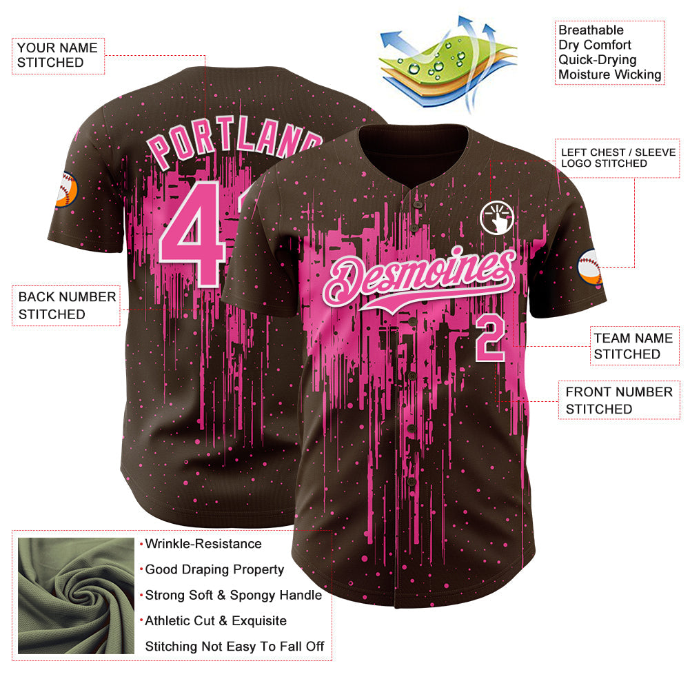 Custom Brown Pink-White 3D Pattern Design Dripping Splatter Paint Authentic Baseball Jersey