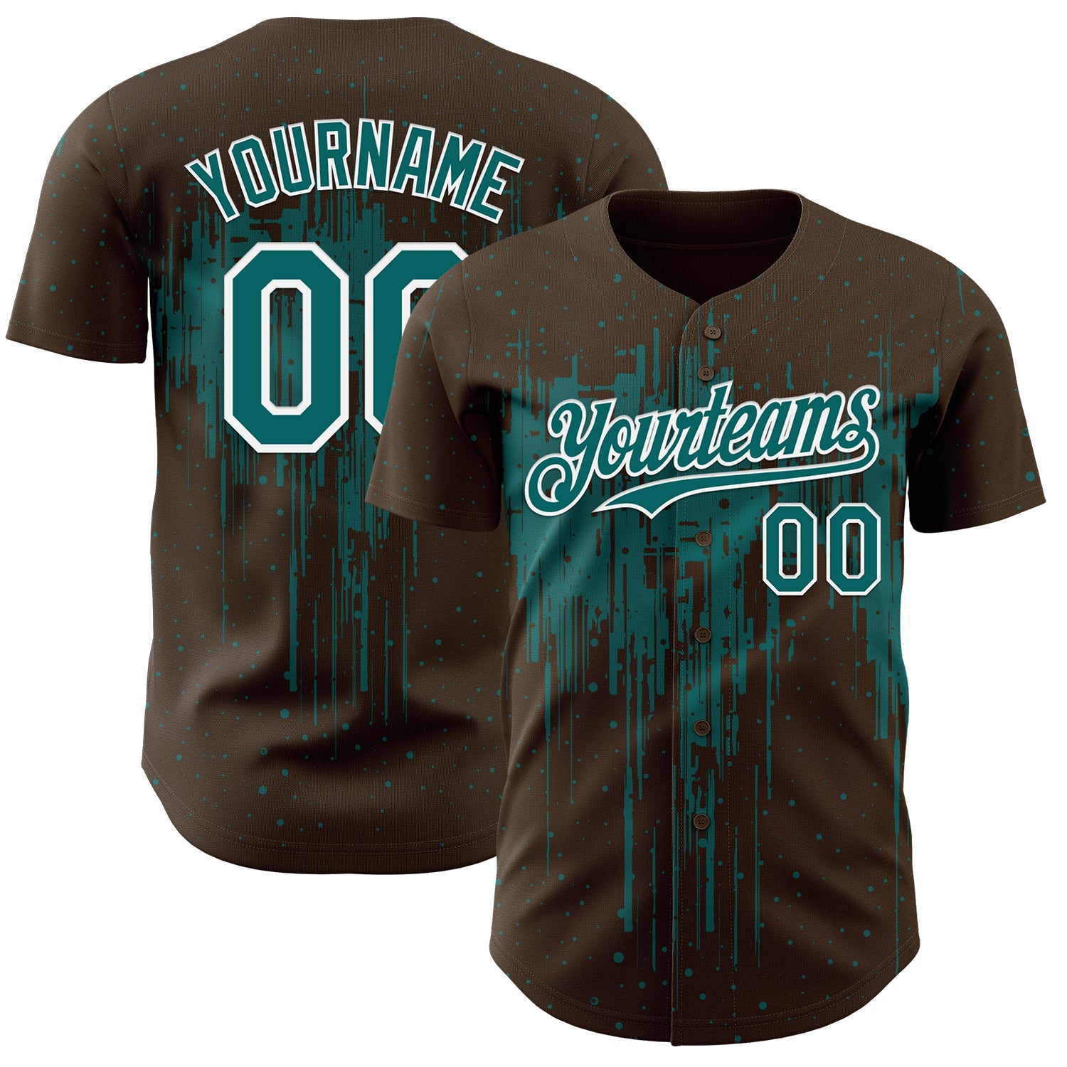 Custom Brown Teal-White 3D Pattern Design Dripping Splatter Paint Authentic Baseball Jersey