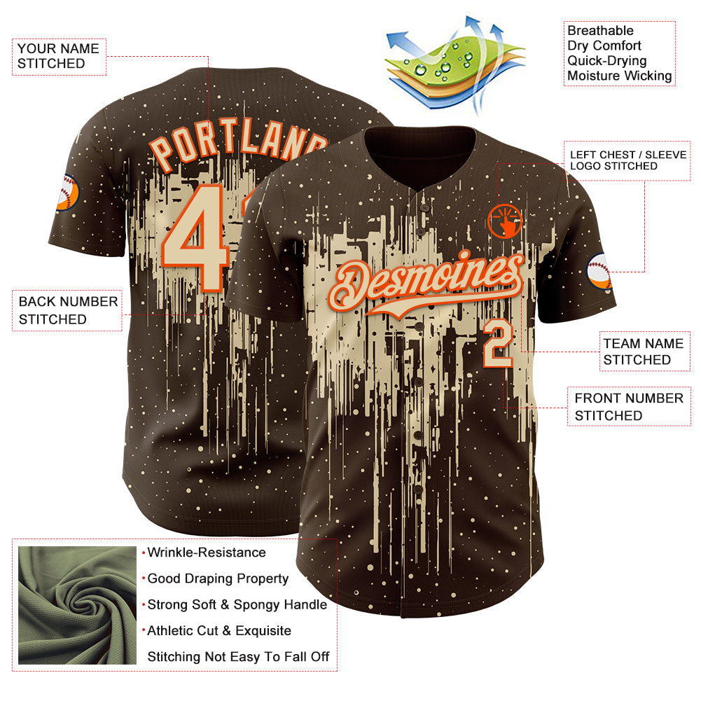 Custom Brown Cream-Orange 3D Pattern Design Dripping Splatter Paint Authentic Baseball Jersey