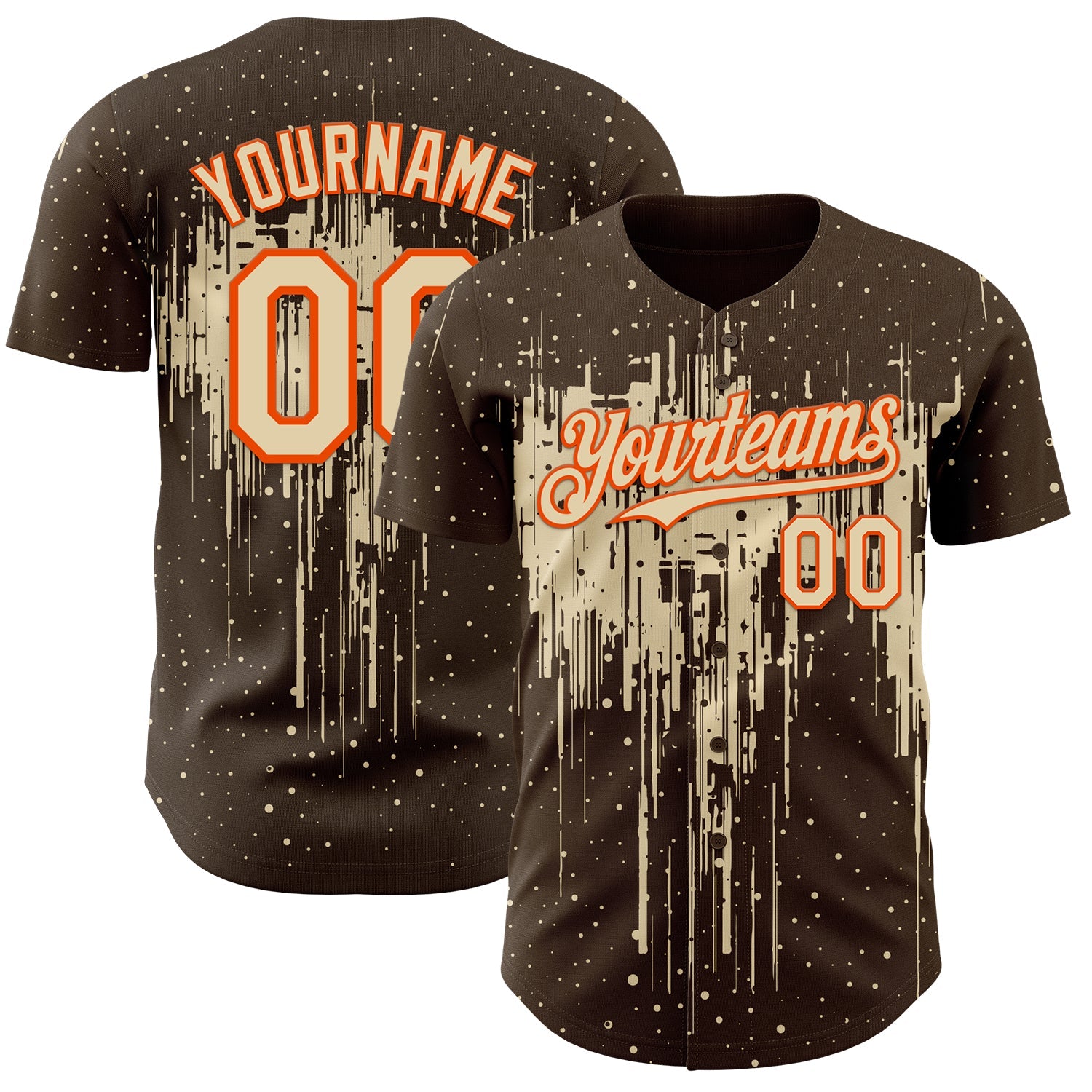 Custom Brown Cream-Orange 3D Pattern Design Dripping Splatter Paint Authentic Baseball Jersey