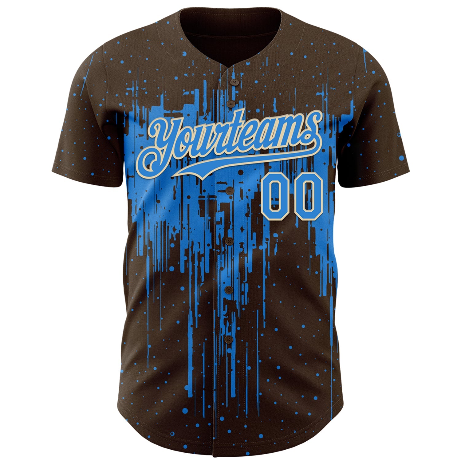 Custom Brown Powder Blue-Cream 3D Pattern Design Dripping Splatter Paint Authentic Baseball Jersey