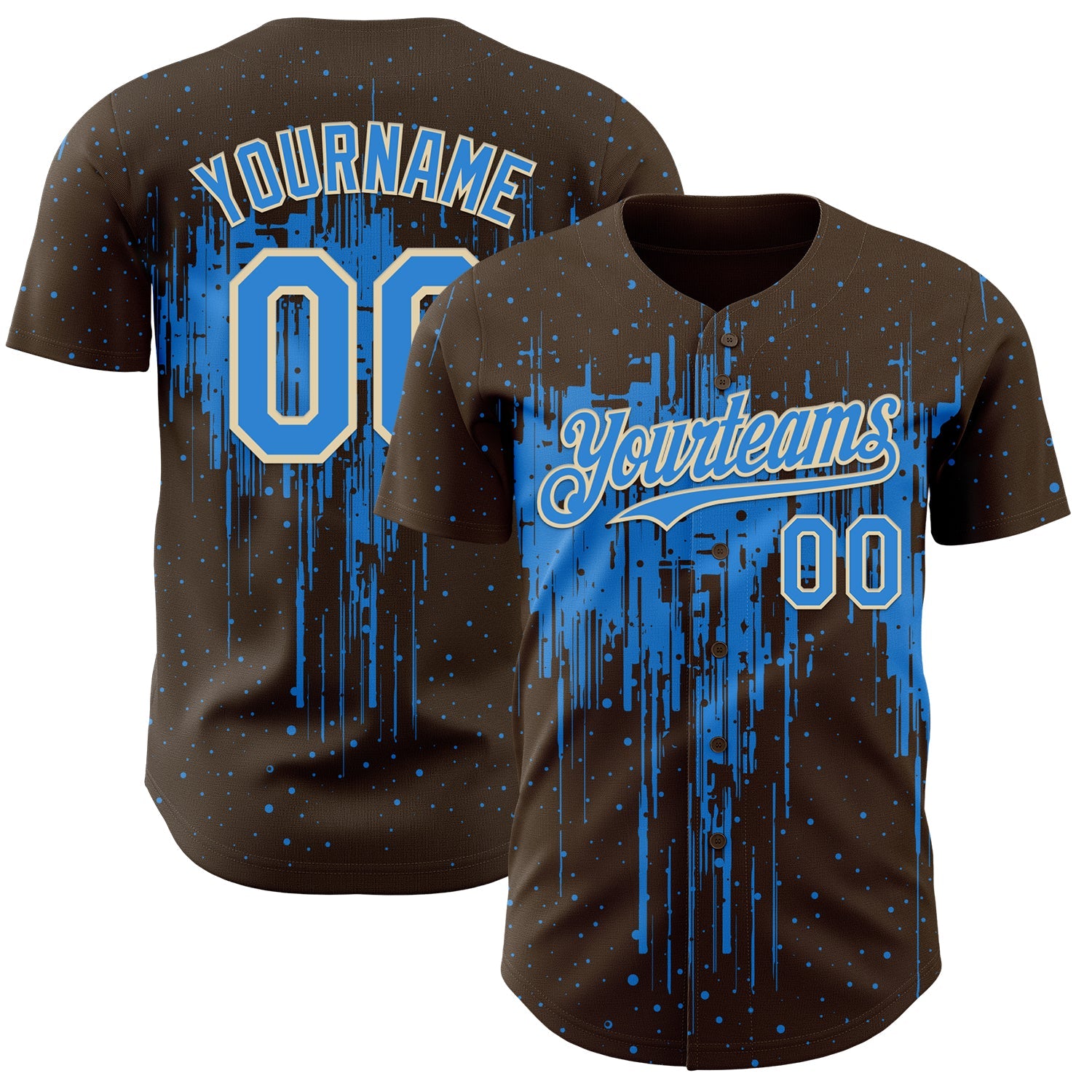 Custom Brown Powder Blue-Cream 3D Pattern Design Dripping Splatter Paint Authentic Baseball Jersey