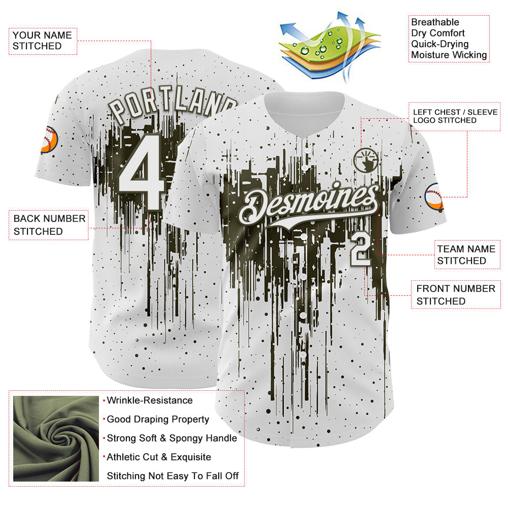 Custom White Olive 3D Pattern Design Dripping Splatter Paint Authentic Baseball Jersey