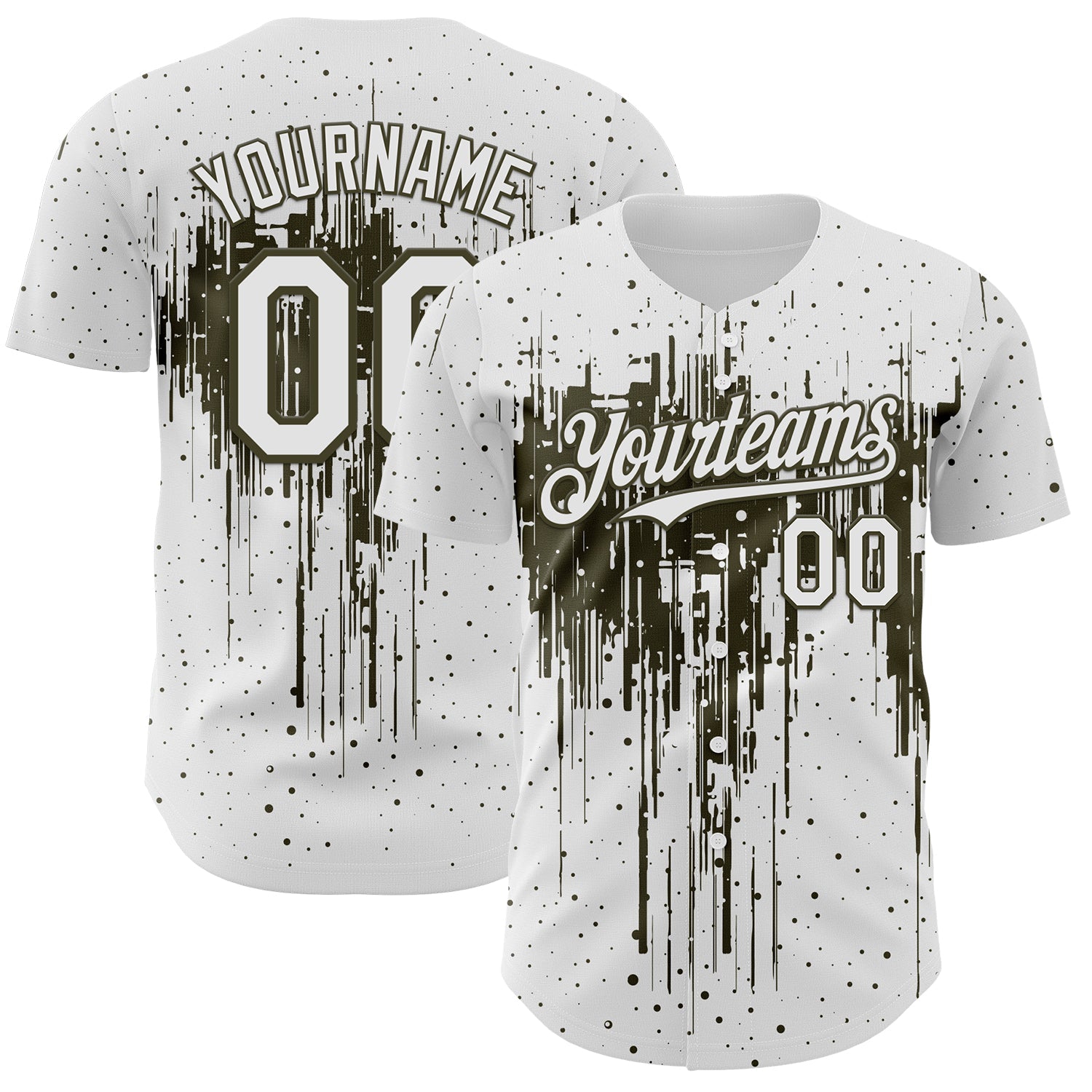 Custom White Olive 3D Pattern Design Dripping Splatter Paint Authentic Baseball Jersey