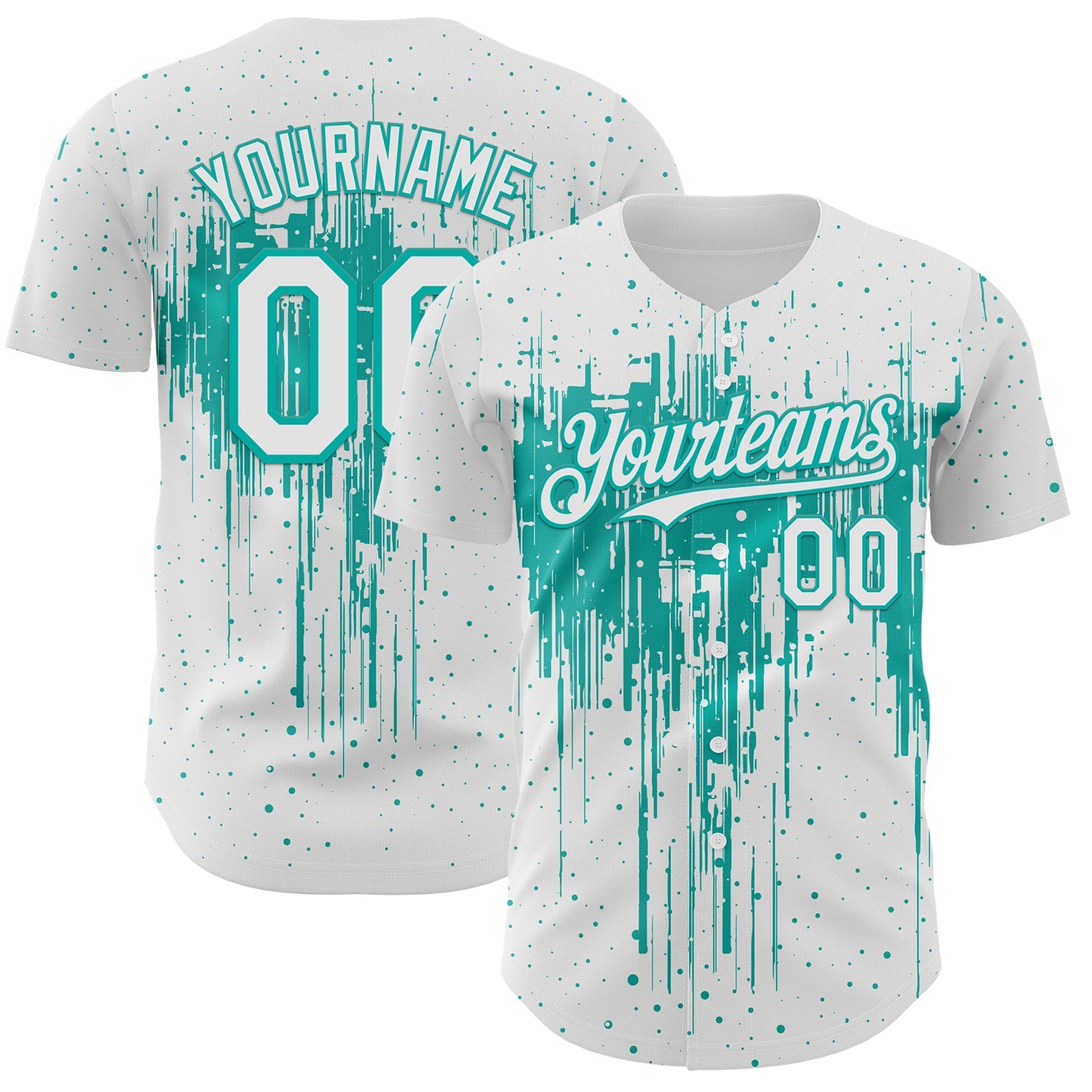 Custom White Aqua 3D Pattern Design Dripping Splatter Paint Authentic Baseball Jersey