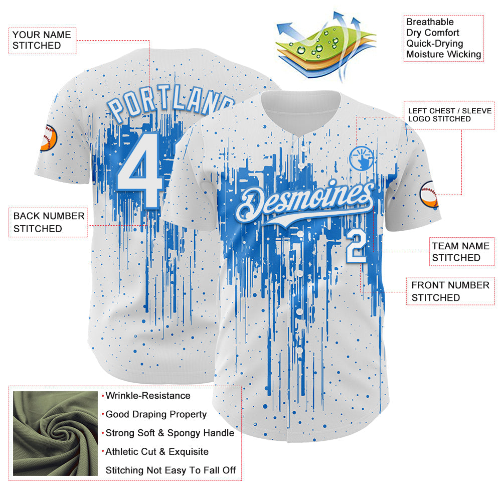 Custom White Powder Blue 3D Pattern Design Dripping Splatter Paint Authentic Baseball Jersey