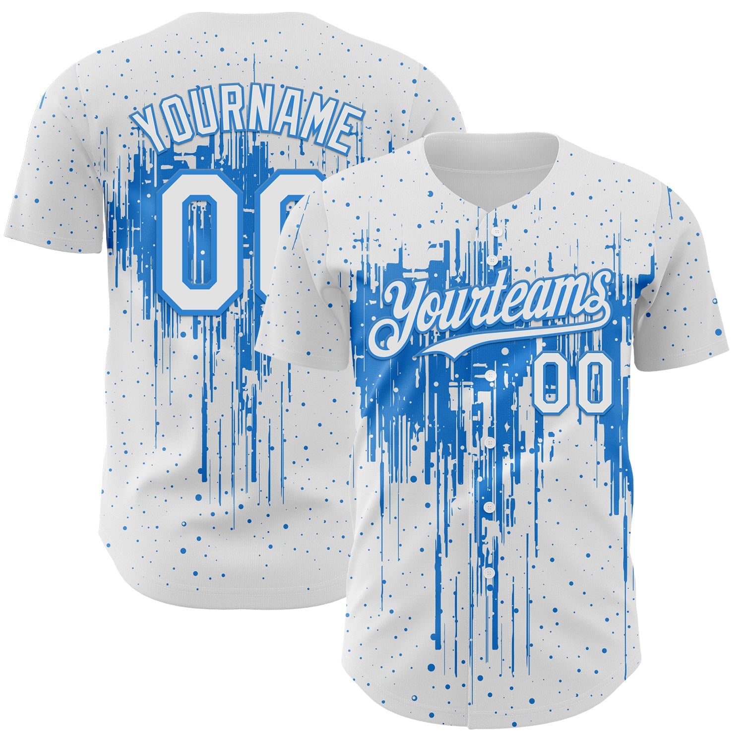 Custom White Powder Blue 3D Pattern Design Dripping Splatter Paint Authentic Baseball Jersey