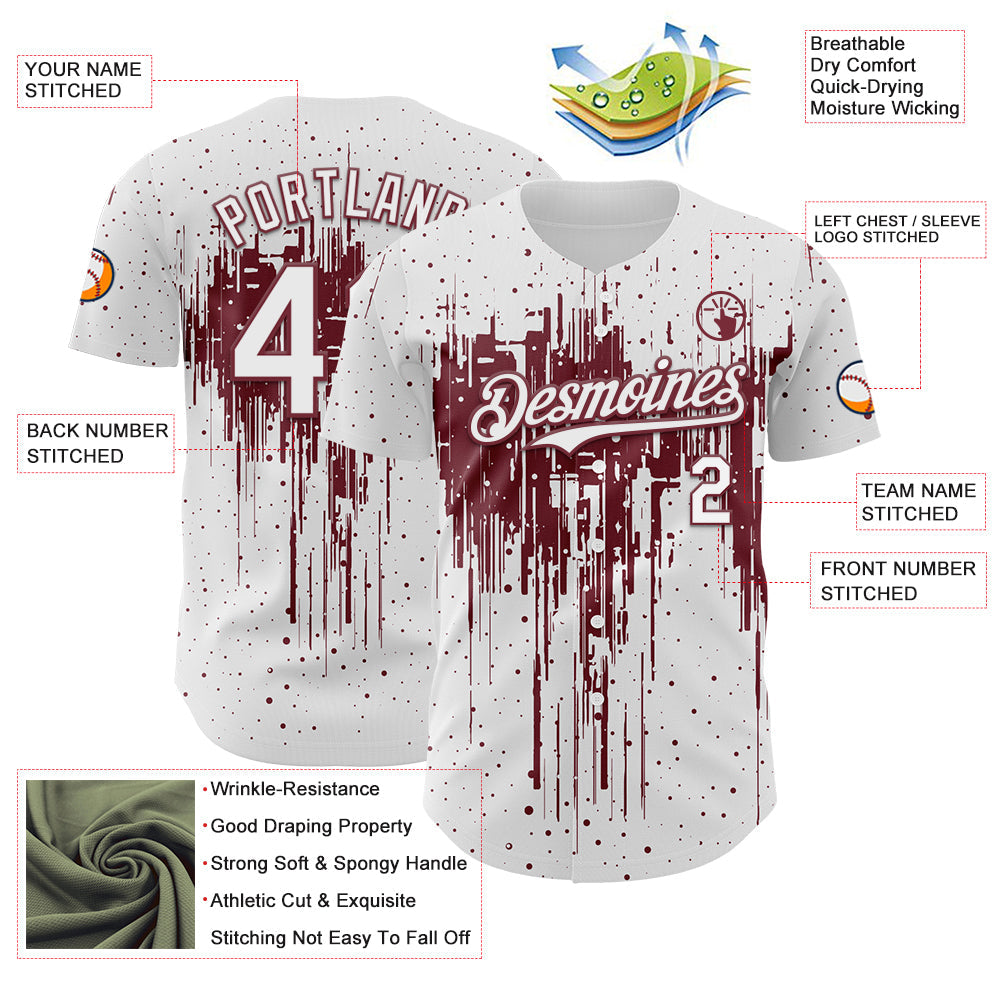 Custom White Burgundy 3D Pattern Design Dripping Splatter Paint Authentic Baseball Jersey