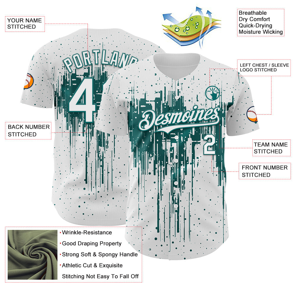 Custom White Teal 3D Pattern Design Dripping Splatter Paint Authentic Baseball Jersey
