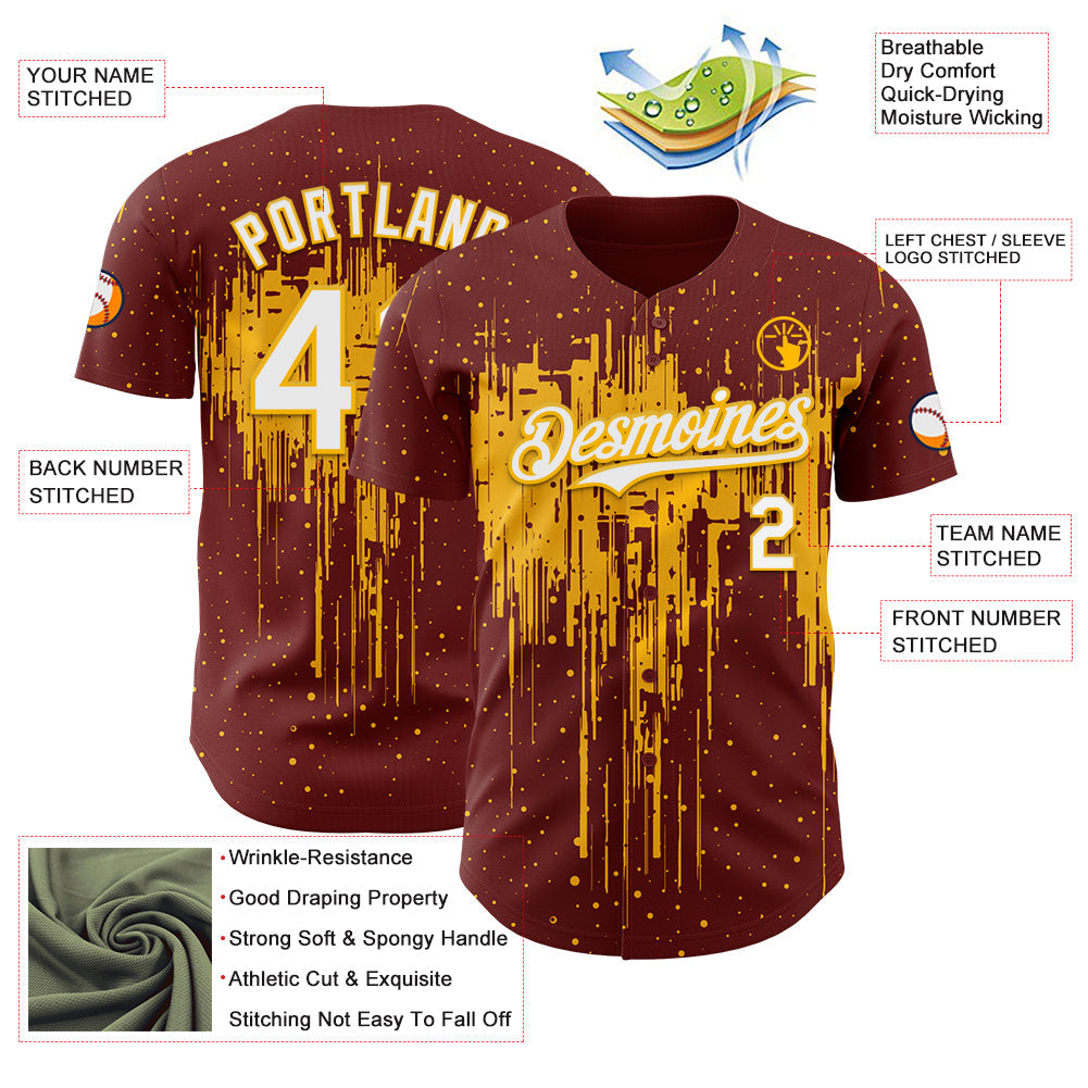 Custom Burgundy White-Gold 3D Pattern Design Dripping Splatter Paint Authentic Baseball Jersey