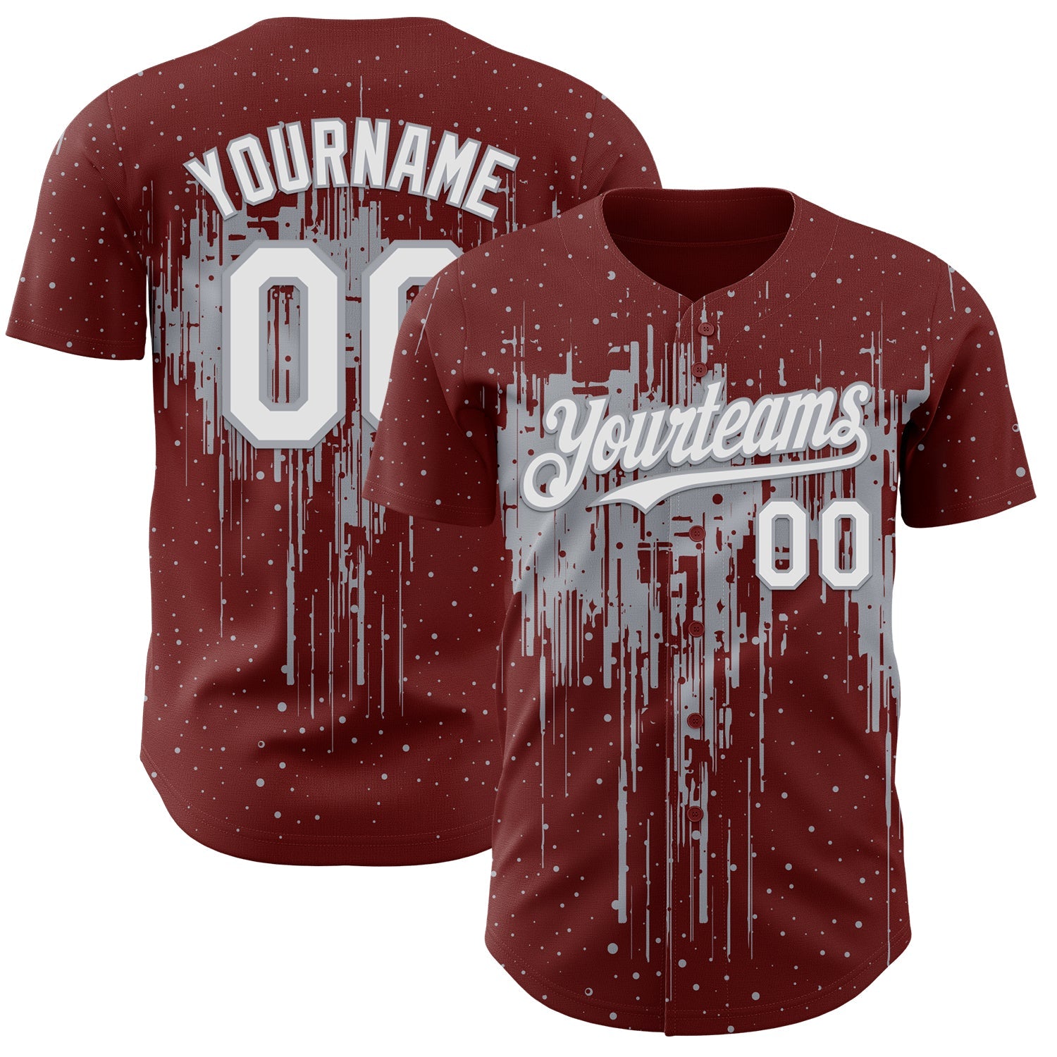 Custom Burgundy White-Gray 3D Pattern Design Dripping Splatter Paint Authentic Baseball Jersey