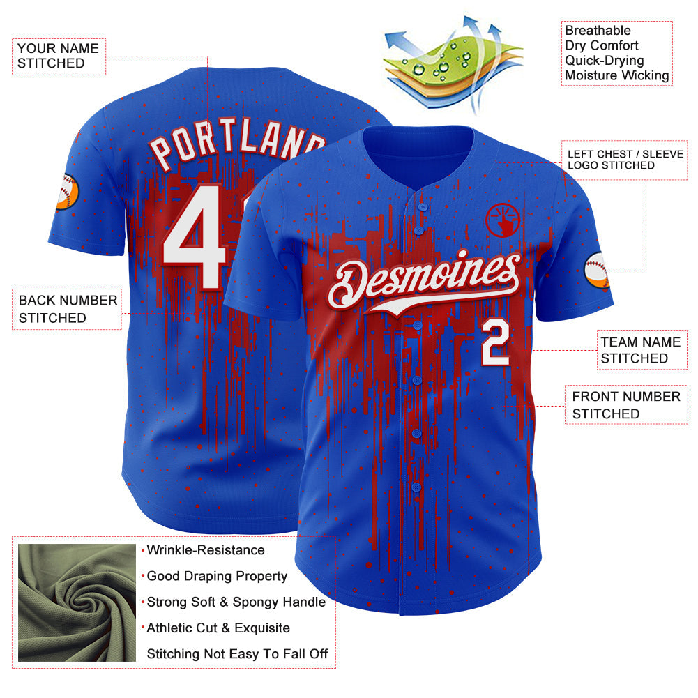 Custom Thunder Blue White-Red 3D Pattern Design Dripping Splatter Paint Authentic Baseball Jersey