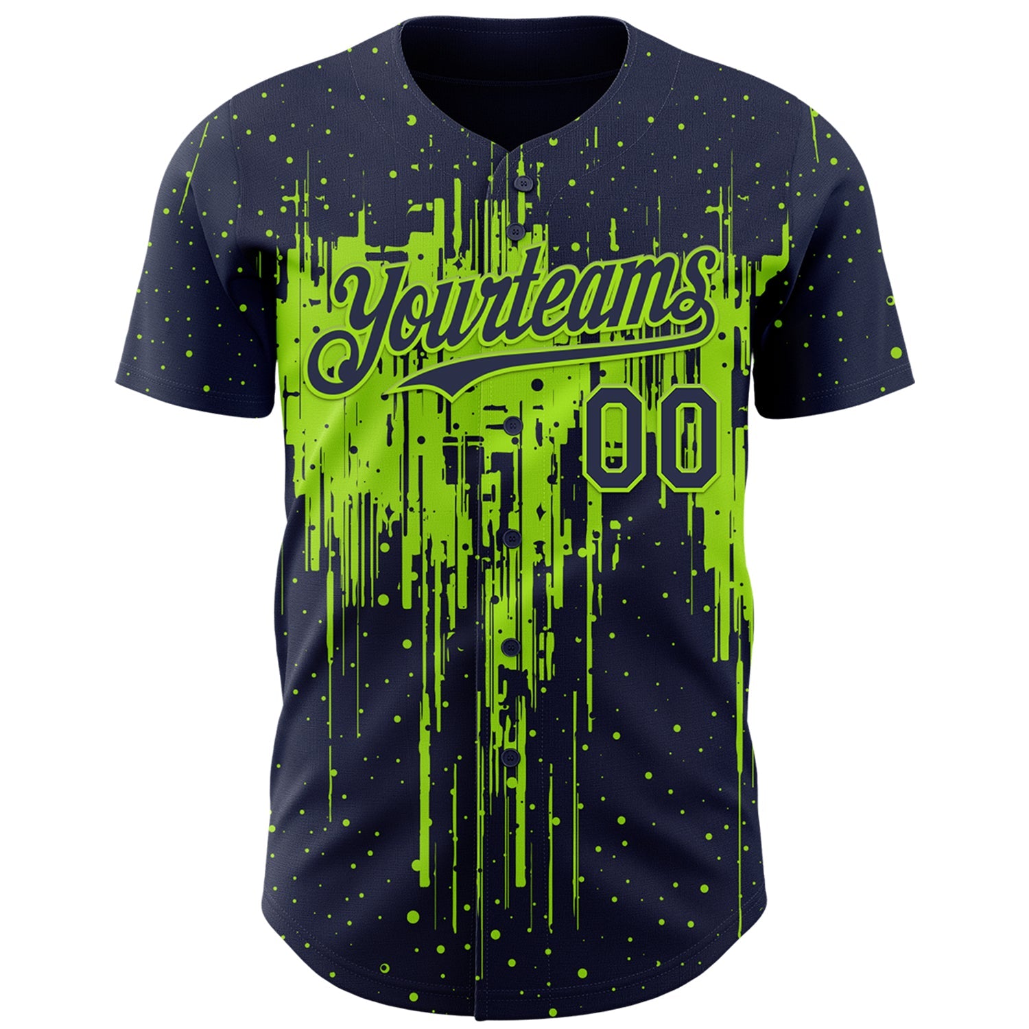 Custom Navy Neon Green 3D Pattern Design Dripping Splatter Paint Authentic Baseball Jersey