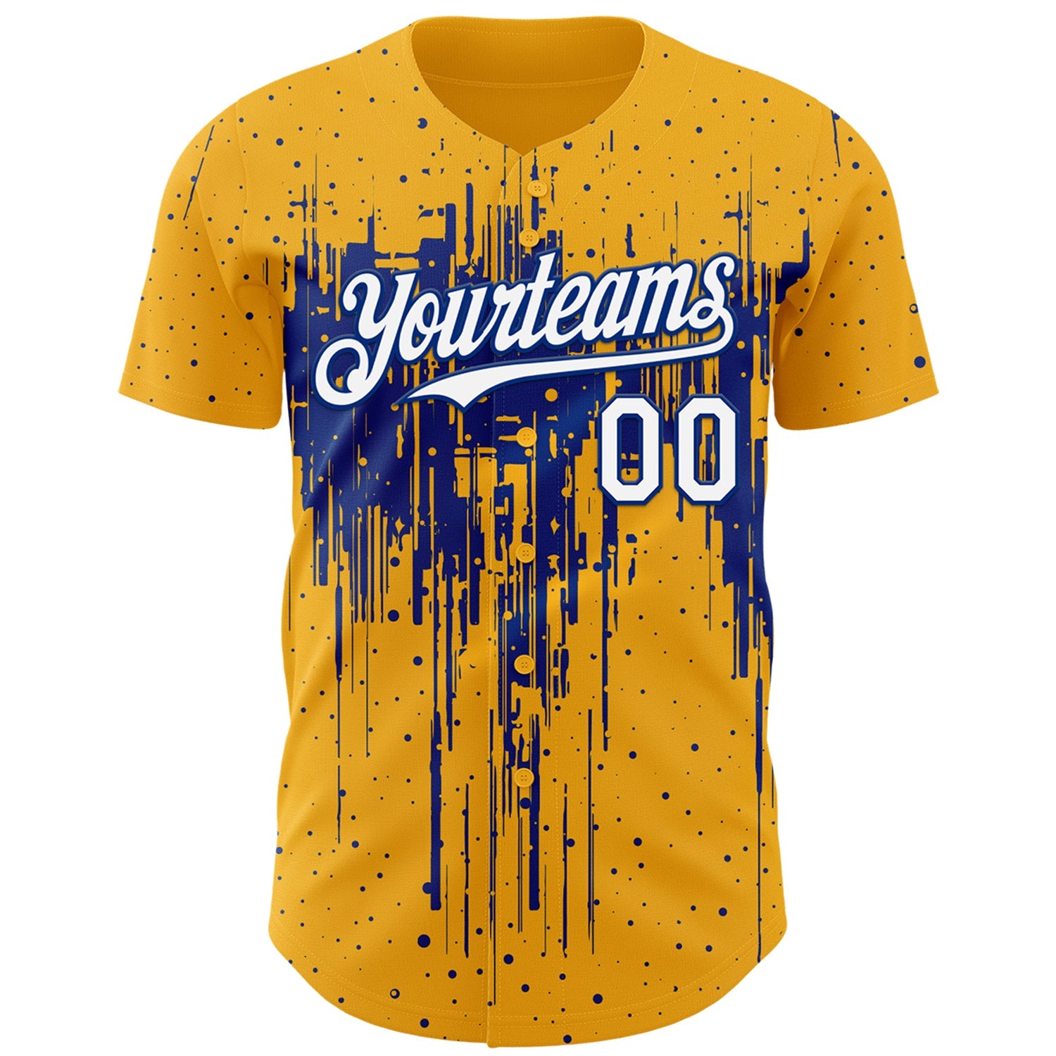 Custom Gold White-Royal 3D Pattern Design Dripping Splatter Paint Authentic Baseball Jersey